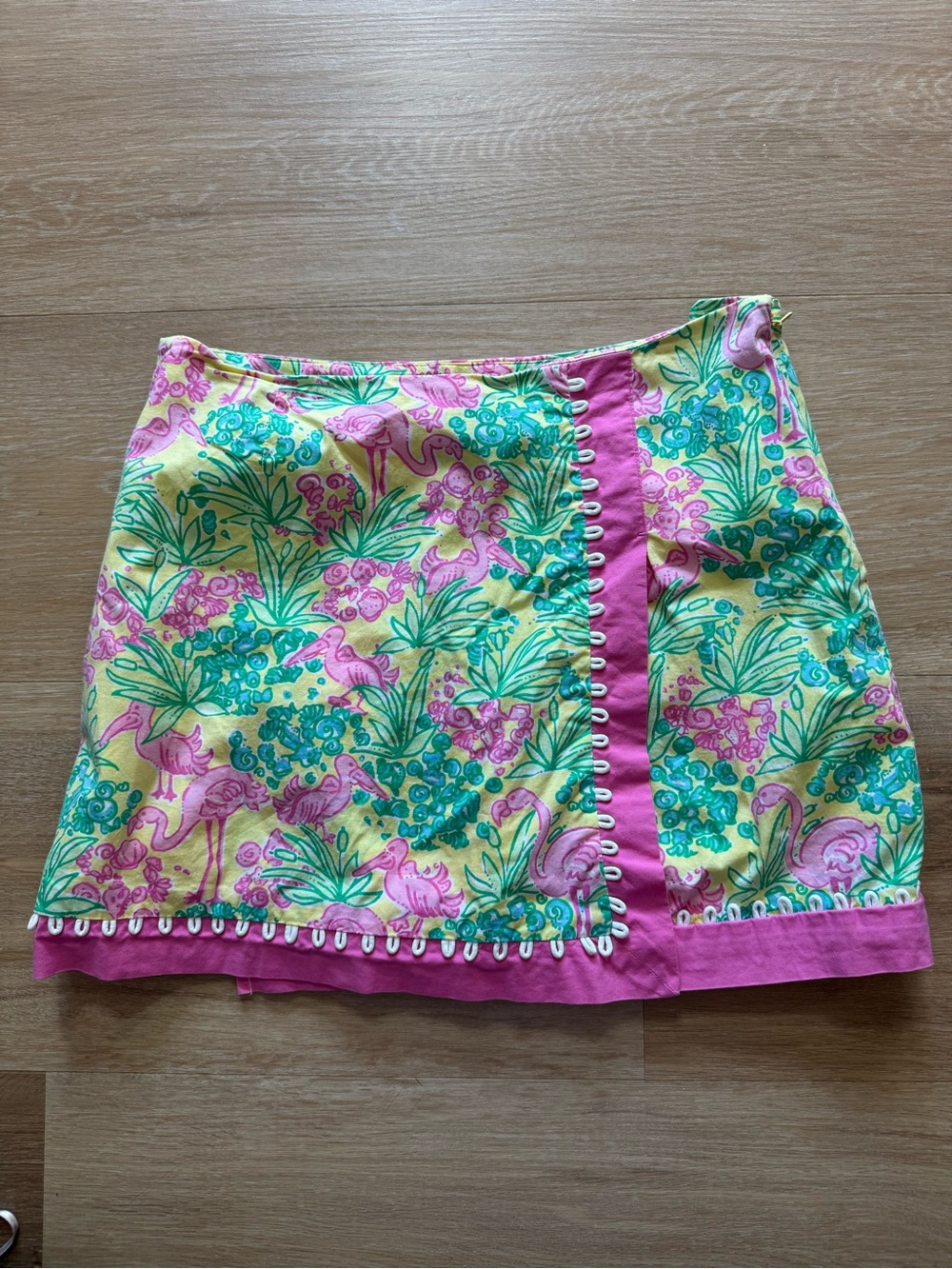 Lilly Pulitzer Pink, Yellow & Green Flamingo Print Mini Skirt with Pom-Pom Trim